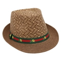 Dettaglio cappello fedora in paglia con nastro floreale a righe verdi e rosse - Taglia unica / caffè