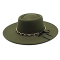 British style olive green wide brim wool fedora hat with gold chain and bow decoration - M (56-58cm) / Army Green