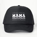 Detail of black trucker hat featuring MAMA text print and breathable mesh back - One Size / Black