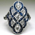 Art Deco retro ring featuring rectangular blue gemstones and silver intricate geometric design - US 7 / Blue