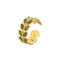 Detailed view of leaf-shaped green enamel on a 18k gold-plated stainless steel open ring - Adjustable Open / Simple Leaf (J393-3)
