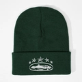 Forest green knitted beanie with white five-star embroidery and a ribbed turn-up cuff - Dark Green