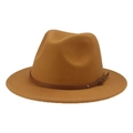 Classic camel felt fedora hat for children with brown leather band and gold buckle detail - Khaki/Earth Yellow