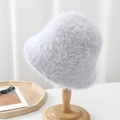 Light gray faux rabbit fur bucket hat displayed on a wooden stand for winter warmth - Adjustable / Gray