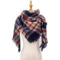 Classic navy and red plaid triangle scarf with fringe trim and soft wool-like texture - Navy Plaid