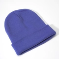 Detail view of the purple cuffed knit beanie showing fine vertical ribbed texture - Denim Blue