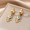 Golden Hamsa Hand earrings with Evil Eye and infinity cutout design on silk - White Eye Hamsa