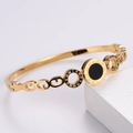 Pulsera de acero de titanio oro rosa con números romanos y colgante de disco negro - Dorado