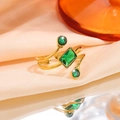 Golden titanium steel open ring featuring a rectangular green gemstone and side stones - Square Green Stone Style (JZ26-1)