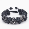 Bracciale a doppio strato in pietra lavica da 10mm con inserti metallici da uomo - Bracciale Pietra Lavica