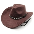 Brown faux suede western cowboy hat with decorative black belt and windproof rope - M / Chestnut