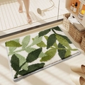 Absorbent bath mat with fresh green leaf pattern on white plush for bathroom floors - Dancing Green Leaves (Dark Style)
