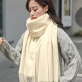 Classic cream yellow cashmere-like winter scarf with fine tassel hem for men and women - Cream