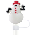 White snowman silicone straw cover with red hat and black arms for 10mm drinking straws - Red Hat Snowman