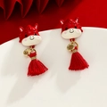 Detail of red tassel earrings with horse charm and golden coin in Chinese style - Silver Earring Post - Red - Copper Coin Tassel Horse