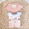 Pink corduroy bucket hat and overalls set for Labubu doll sitting party series - Blue Shirt With Pink Pockets And Suspenders + Pink Bunny Hat / First And Second Generation Keychains Are Compatible With La Cloth Dolls. Dolls Not Included.