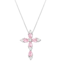 Close-up of cross pendant with pink and white cubic zirconia on a silver box chain - White Gold / Pink Zirconia Necklace