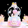Cute pink and blue crystal ball music box with a girl and rabbit on a Dream cloud base - 24110 Pink Hair / Large Size 100+ Spins + Snow + Colored Lights + Music