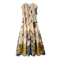 Women sleeveless midi dress with artistic floral print and elastic smocked waist detail - Khaki