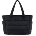 Black quilted tote bag with spacious capacity, dual handles and side pockets for travel. - Black