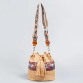 Bohemian straw bucket bag featuring ethnic geometric patterns and tassel details - Natural Color