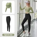 Damen Yoga-Set mit grünem Langarm-Crop-Top und schwarzer High-Waist Leggings für Fitness - S / Oberteil Und Unterteil / Muskatgrün + Sternenschwarz