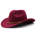 Macro view of wine red wool cowboy hat with brown faux leather band and metal rivet - Burgundy
