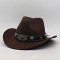 Bruine western cowboy vilten hoed met turkoois kralen en zilveren stierkop gesp - Koffie (J Cowboy 60 Lanbaoniu)