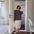 Oversize dark brown crewneck top paired with a cream white lace skirt in a modern room - S / Brown (Q1105)