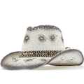 White woven cowboy straw hat with gradient hollow pattern and decorative band for sun protection - M (56-58cm) / White (JXS-5366)
