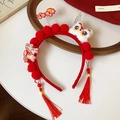 Serre-tête rouge du Nouvel An chinois avec pompons en peluche, broderie lion et glands - 59# Serre-Tête-Rouge-Lion-Année du Cheval