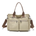 Leichte khakifarbene Canvas-Umhängetasche mit vielen Taschen und braunen Tragegurten - 36*13*27 / Khaki