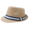Classic khaki straw fedora hat featuring a navy and white striped decorative band for men - 58cm / Khaki