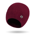 Winter wine red ribbed knit beanie with silver metal logo square for outdoor warmth - One Size / Burgundy