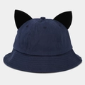 Detail of navy blue cotton bucket hat featuring playful black cartoon devil ears - M (56-58cm) / Navy Blue