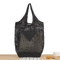 Handwoven black hollow knit tote bag with solid triangular detail and inner pouch - Black