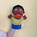 Dark-skinned character hand puppet wearing a yellow T-shirt and blue pants in plush fabric - 28cm Black Son