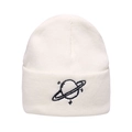 White knitted beanie for men and women featuring a black embroidered Saturn planet design - Black Satellite Embroidery / White