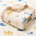 Soft white cotton gauze baby towel featuring colorful hand-drawn dinosaurs and coconut trees - 6-Layer Wide Edge 110*110cm / Rainforest Dinosaur