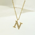 Elegant gold titanium steel necklace with letter N pendant inlaid with white zircon crystals - Letter N / Gold