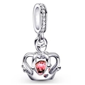 Polished silver crown charm pendant featuring a large pink gemstone and clear crystals - Pink Gem Crown Charm (003)