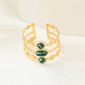 Gold-plated layered open ring with three green malachite stones in vintage style - Adjustable Open / Three Rows Green Stone