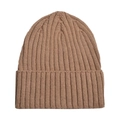 Close-up of camel ribbed knit beanie showing thick wool texture and folded cuff detail - One Size / Dark Khaki