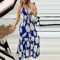 Detail of blue high-waisted maxi dress with white pineapple print and V-neckline ties - S / Blue