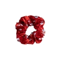 Red silk scrunchie with festive snowman and Christmas tree print patterns - Style 2 (Red Snowman Christmas Tree)