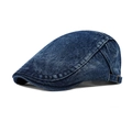 Vintage denim blue beret hat made of washed cotton with adjustable metal buckle strap - Adult / Dark Blue