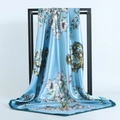 Light blue satin square scarf with white lily and yellow sunflower print pattern - Light Blue