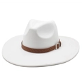 Detail of white suede jazz hat featuring a brown braided leather belt with metal buckle - M (56-59cm) / White (Suede)