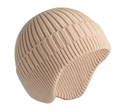Thick beige core-spun yarn knitted ear protection hat with ribbed texture for winter warmth - Beige No Brim