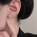 Elegant grey pearl stud earrings with sparkling zircon-set crescent base for women - Pearl Stud Earrings (R4229B) / Gray